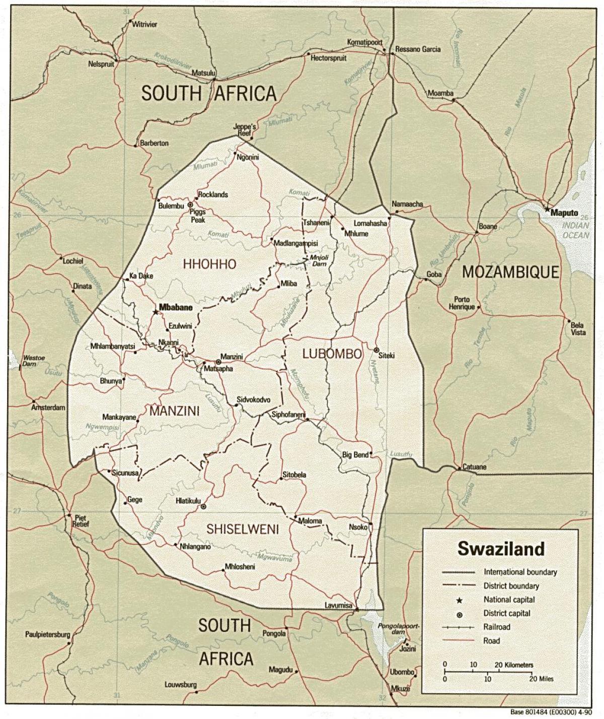 નકશો સ્વાઝીલેન્ડ દર્શાવે સરહદ પોસ્ટ્સ